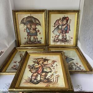 5 Framed Prints Evans Paper Print Hummel Style Children Vintage Gold Trim 10x12